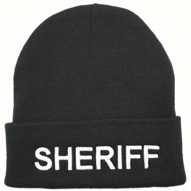SHERIFF KNIT HAT - WHITE "SHERIFF" LETTERING on BLACK KNIT HAT.